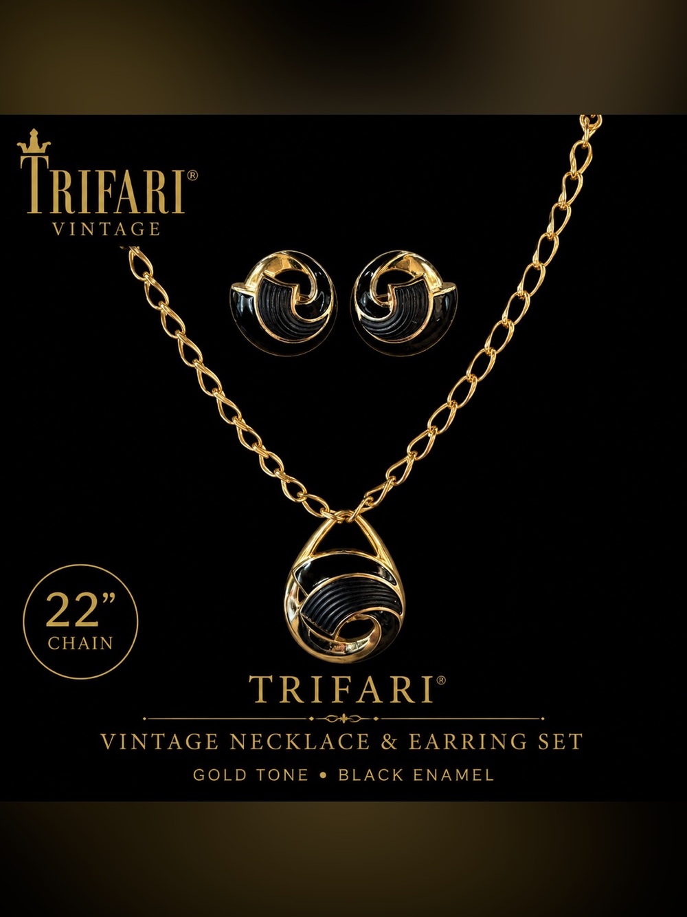 Vintage Trifari Gold Tone Necklace & Earrings with Black Enamel Swirl